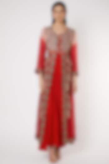 Red Draped Gown With Embroidered Jacket by Khushboo Bagri