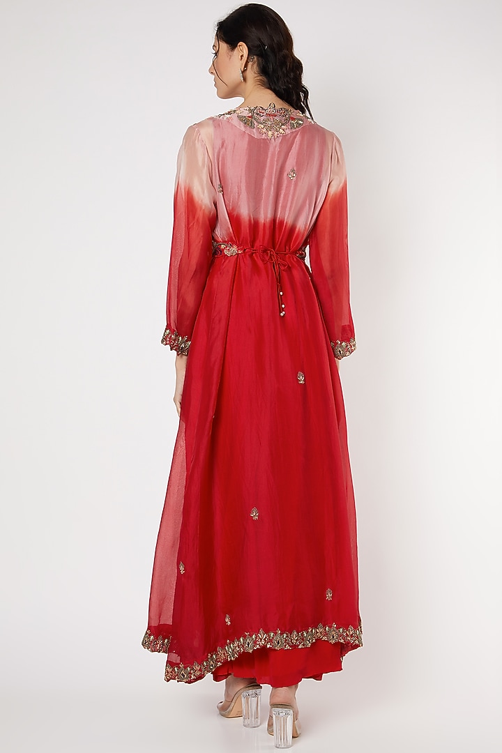 Red Draped Engagement Gown With Embroidered Jacket by Khushboo Bagri at Pernia's Pop Up Shop
