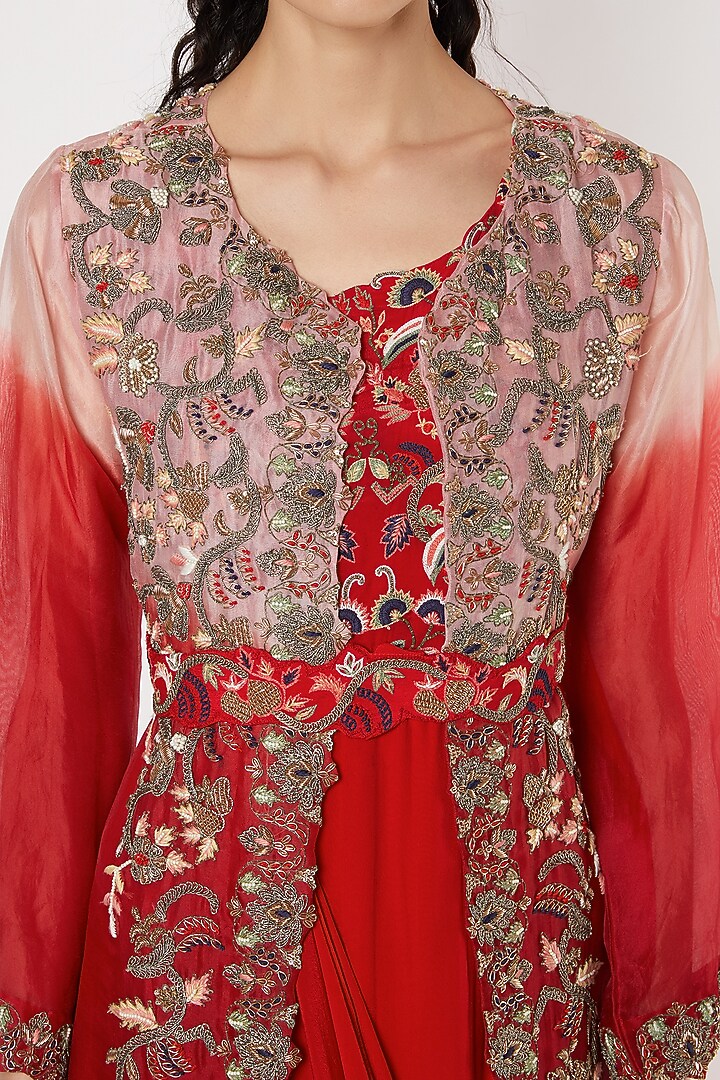 Red Draped Engagement Gown With Embroidered Jacket by Khushboo Bagri at Pernia's Pop Up Shop
