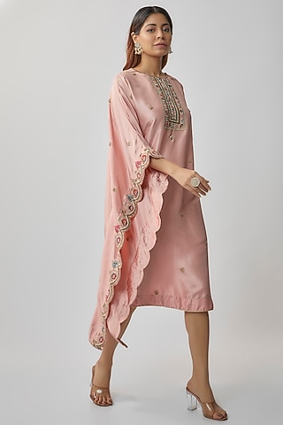 Pink Silk & Chinese Dupion Hand Embroidered Kaftan by Khushboo Bagri