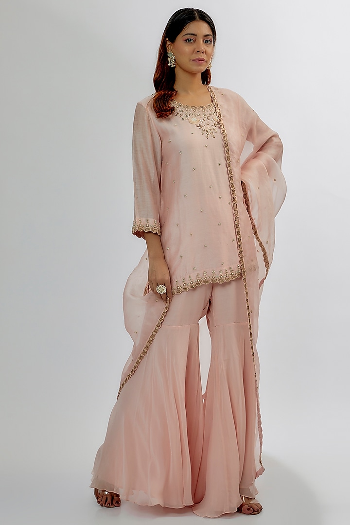 Pink Georgette & Silk Sharara Set by Khushboo Bagri