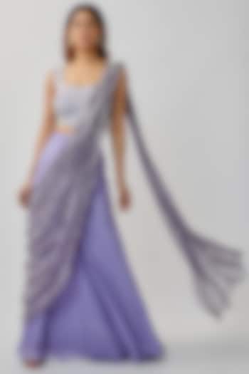 Purple Silk Chanderi & Georgette Skirt Saree Set by Khushboo Bagri