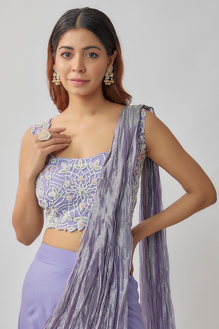 Purple Silk Chanderi & Georgette Skirt Wedding Saree Set by Khushboo Bagri at Pernia's Pop Up Shop