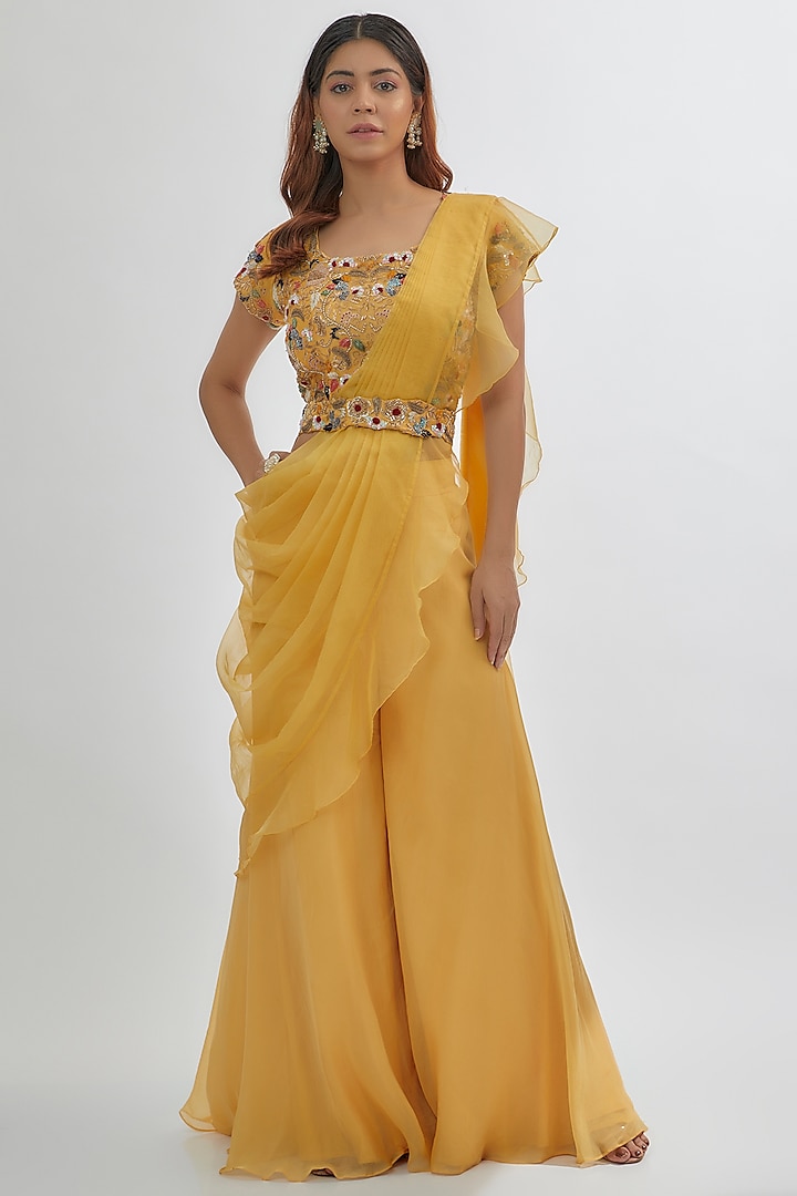 Yellow Silk Chanderi & Crepe Pant Set by Khushboo Bagri at Pernia's Pop Up Shop