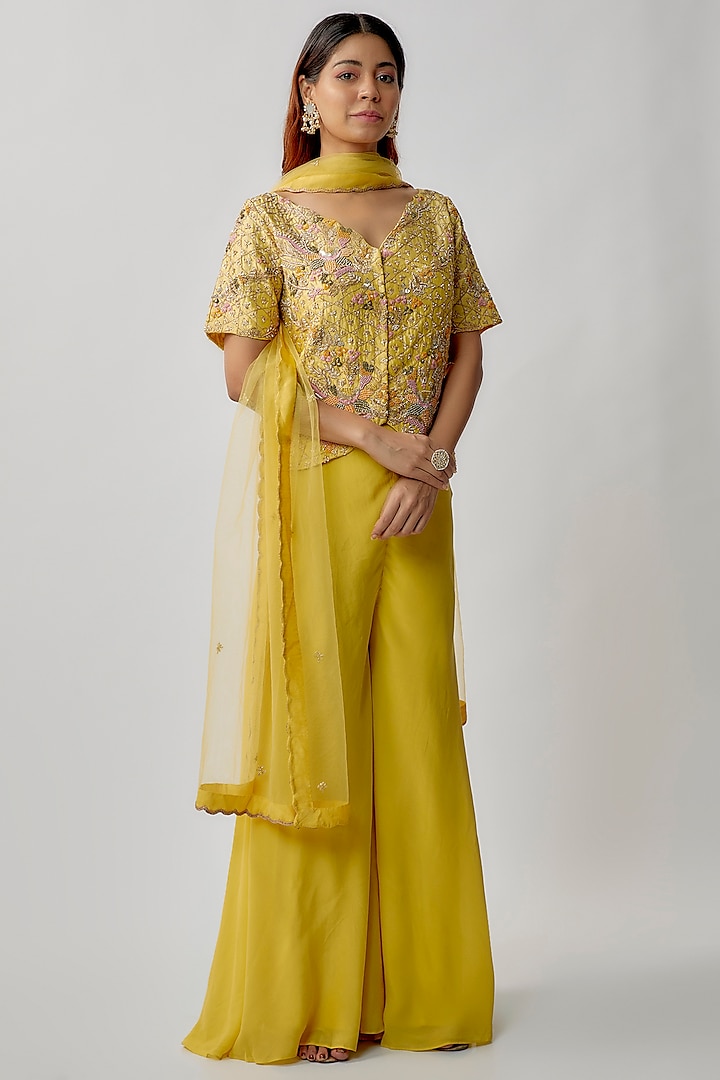 Yellow Silk Hand Embroidered Jacket Set by Khushboo Bagri