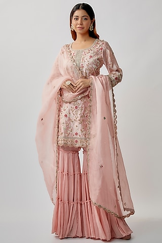Pink Chiffon Sharara Set by Khushboo Bagri