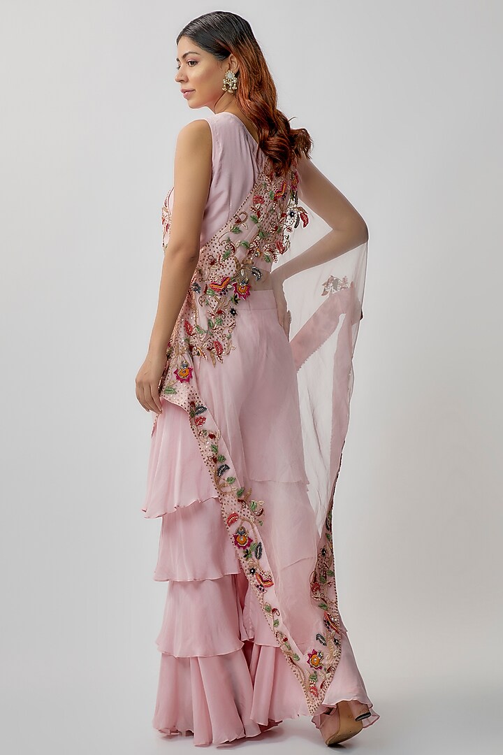 Pink Silk Habutai Organza Hand Embroidered Cape Set by Khushboo Bagri at Pernia's Pop Up Shop