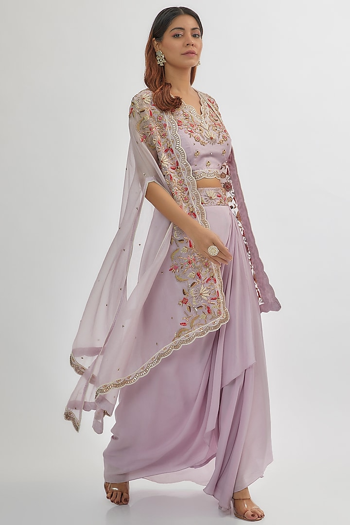 Purple Silk Chanderi & Crepe Draped Skirt Set by Khushboo Bagri at Pernia's Pop Up Shop