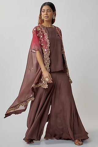 Maroon Silk Organza & Crepe Kurta Set by Khushboo Bagri