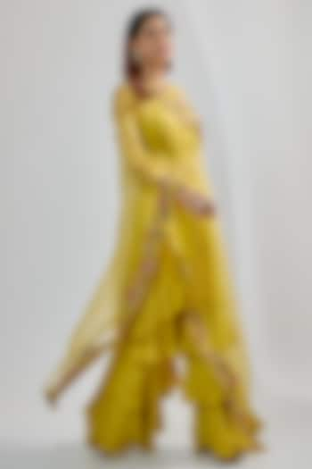 Yellow Silk Habutai Organza Hand Embroidered Cape Set by Khushboo Bagri at Pernia's Pop Up Shop