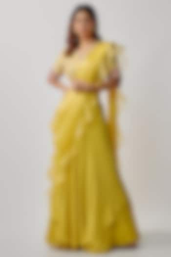 Yellow Crepe Skirt Saree Set by Khushboo Bagri