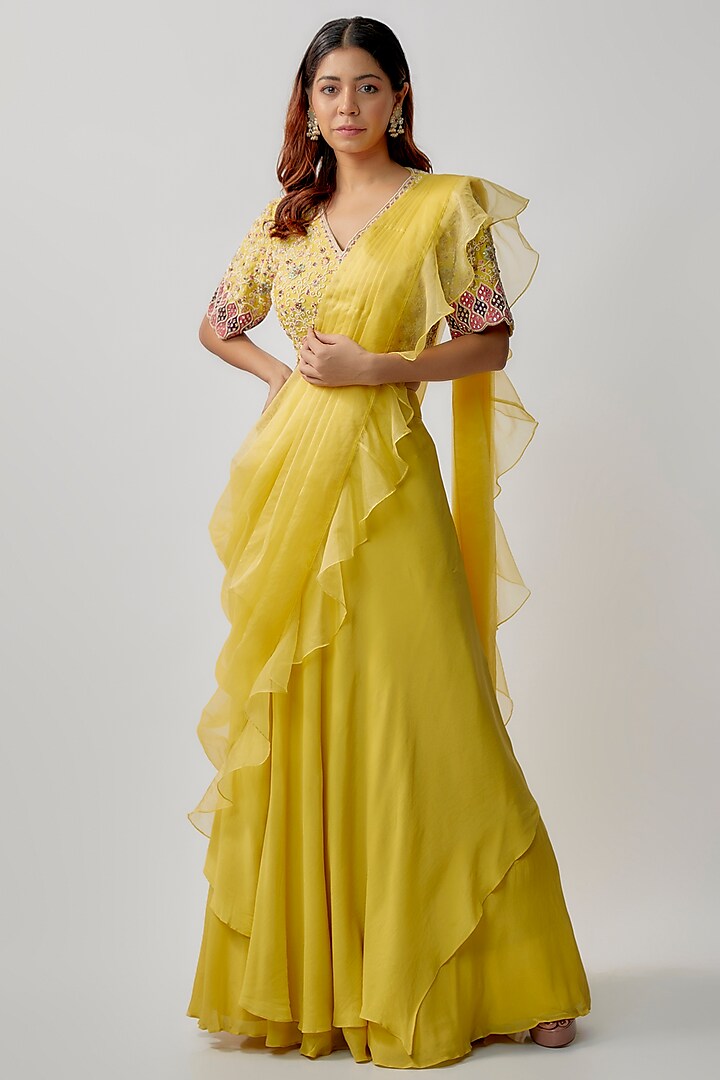 Yellow Crepe Skirt Saree Set by Khushboo Bagri