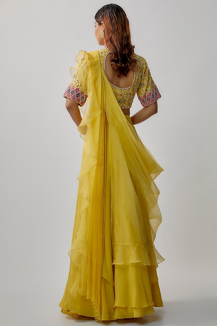 Yellow Crepe Skirt Wedding Saree Set by Khushboo Bagri at Pernia's Pop Up Shop