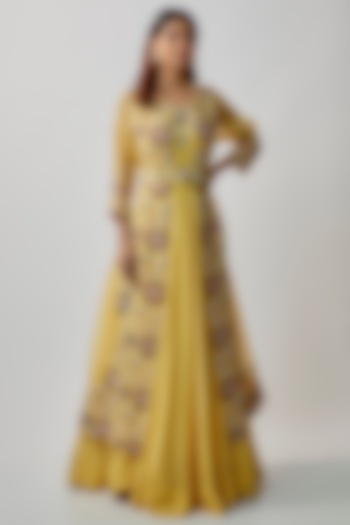 Yellow Crepe Embroidered Anarkali Set by Khushboo Bagri at Pernia's Pop Up Shop