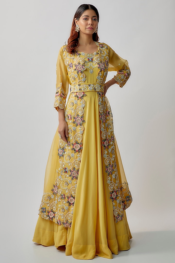 Yellow Crepe Embroidered Anarkali Set by Khushboo Bagri