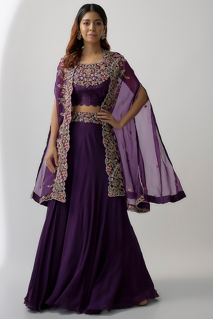 Purple Silk Organza Hand Embroidered Cape Set by Khushboo Bagri
