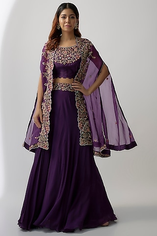 Purple Silk Organza Hand Embroidered Cape Set by Khushboo Bagri