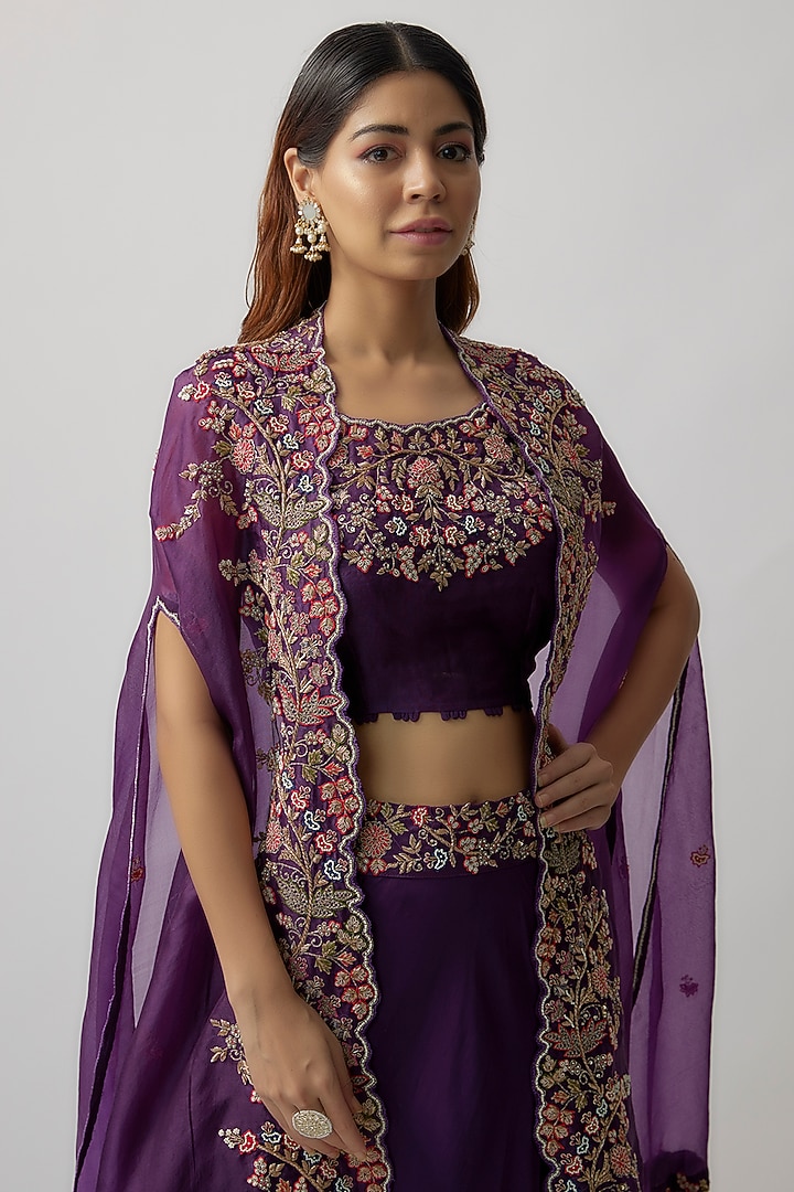 Purple Silk Organza Hand Embroidered Cape Set by Khushboo Bagri at Pernia's Pop Up Shop