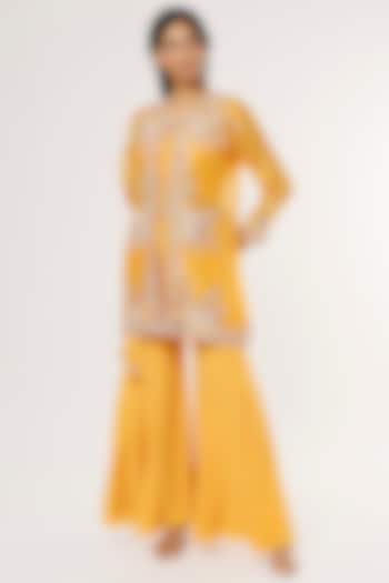 Yellow Hand Embroidered Sharara Set by Khushboo Bagri