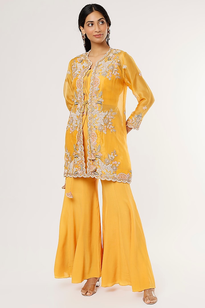 Yellow Hand Embroidered Sharara Set by Khushboo Bagri