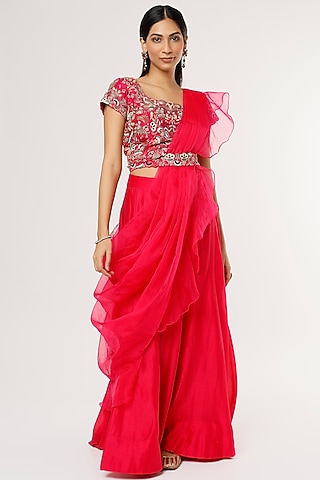Fuchsia Silk Chanderi Ruffled Pant Saree Set by Khushboo Bagri