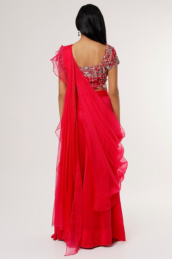 Fuchsia Silk Chanderi Ruffled Pant Wedding Saree Set by Khushboo Bagri at Pernia's Pop Up Shop