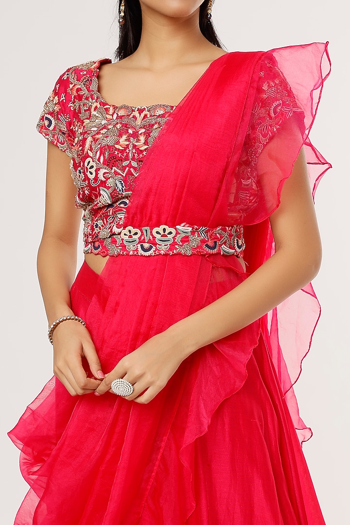 Fuchsia Silk Chanderi Ruffled Pant Wedding Saree Set by Khushboo Bagri at Pernia's Pop Up Shop