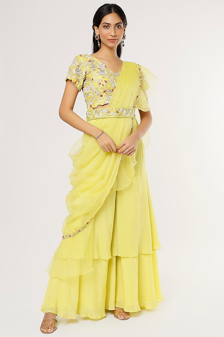 Lime Crepe Embroidered Pant Saree Set by Khushboo Bagri