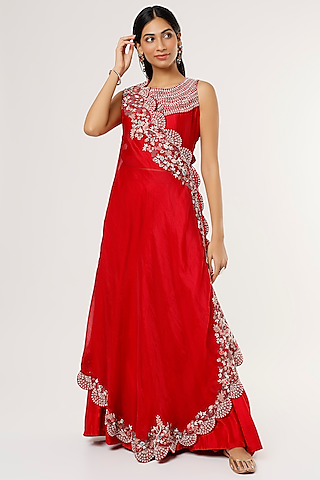 Red Silk Organza Pant Set by Khushboo Bagri