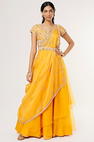 Yellow Organza Skirt Set by Khushboo Bagri