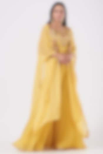 Yellow Embroidered Cape Set by Khushboo Bagri