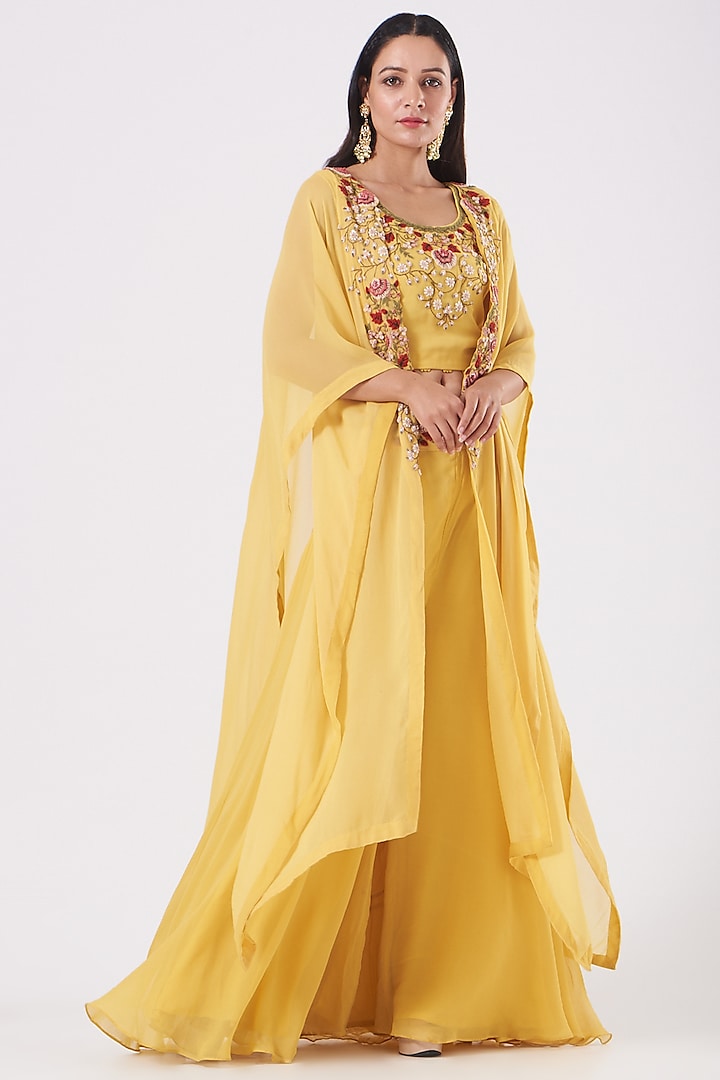 Yellow Embroidered Cape Set by Khushboo Bagri