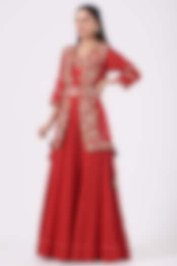 Red Embroidered Jacket Set by Khushboo Bagri