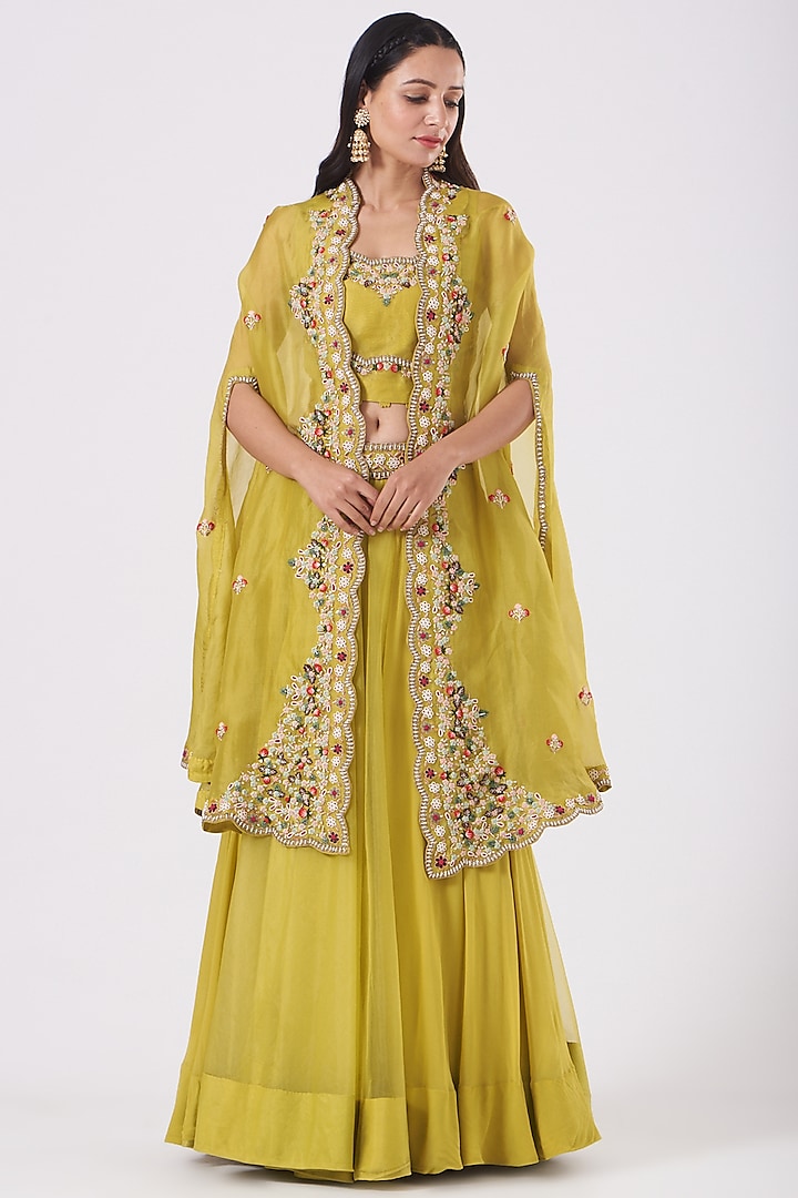 Dark Yellow Embroidered Cape Set by Khushboo Bagri