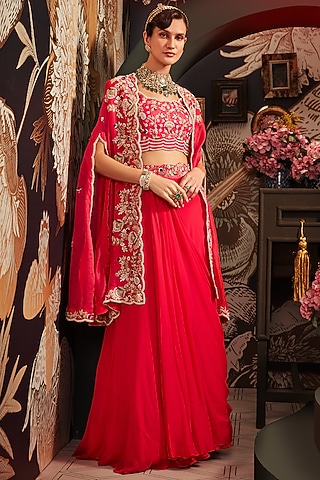 Red Silk Organza Jacket Lehenga Set by Khushboo Bagri