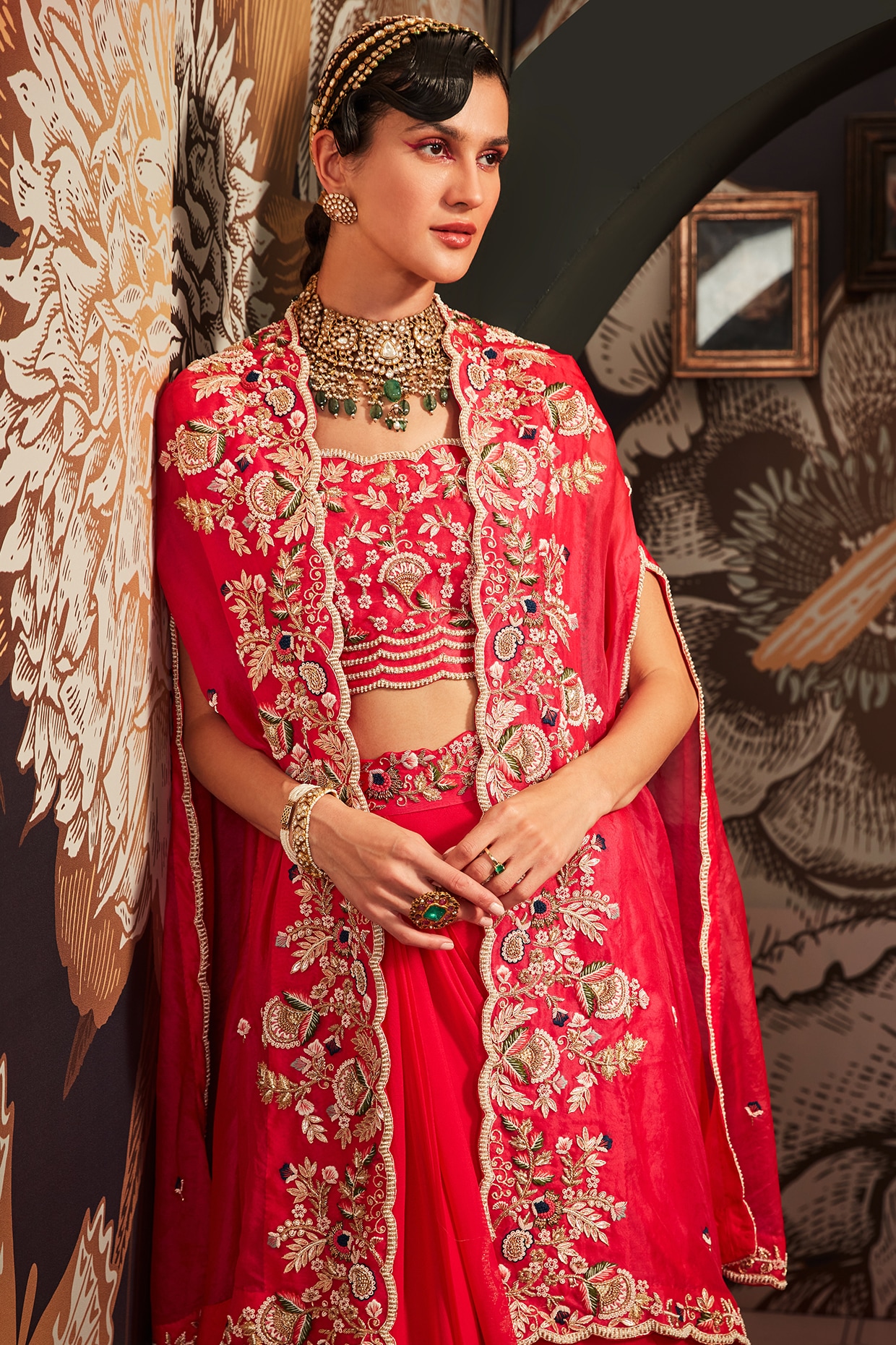 Lehenga in Saree style: Red with Embroidered Blouse & Sheer Jacket – B Anu  Designs