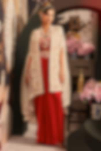 Red Silk Chanderi Skirt Set by Khushboo Bagri