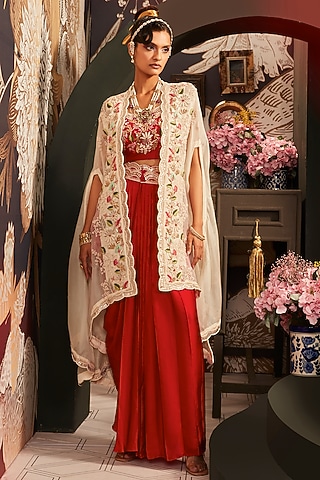 Red Silk Chanderi Skirt Set by Khushboo Bagri