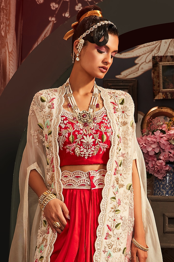 Red Silk Chanderi Skirt Set by Khushboo Bagri at Pernia's Pop Up Shop