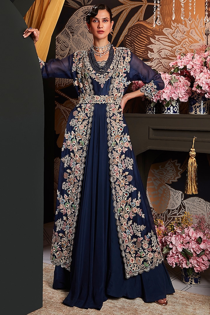 Royal Blue Hand Embroidered Anarkali Set by Khushboo Bagri