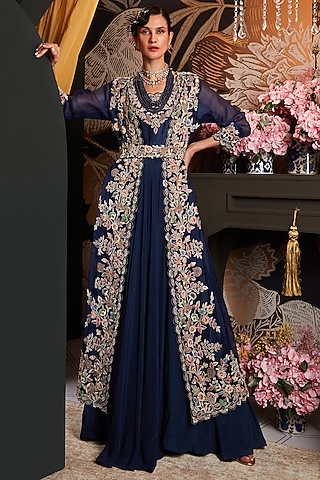 Royal Blue Hand Embroidered Anarkali Set by Khushboo Bagri
