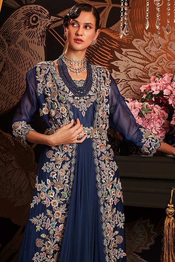 Royal Blue Hand Embroidered Wedding Anarkali Set by Khushboo Bagri at Pernia's Pop Up Shop