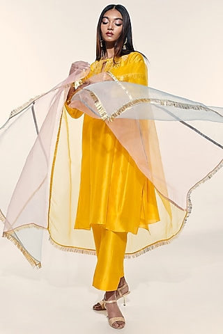 Yellow Embroidered Choga Kurta Set by Kushni