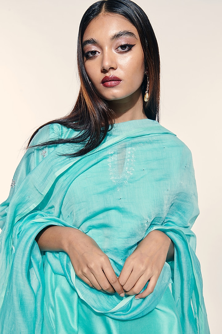 Turquoise Embroidered Choga Kurta Set by Kushni at Pernia's Pop Up Shop