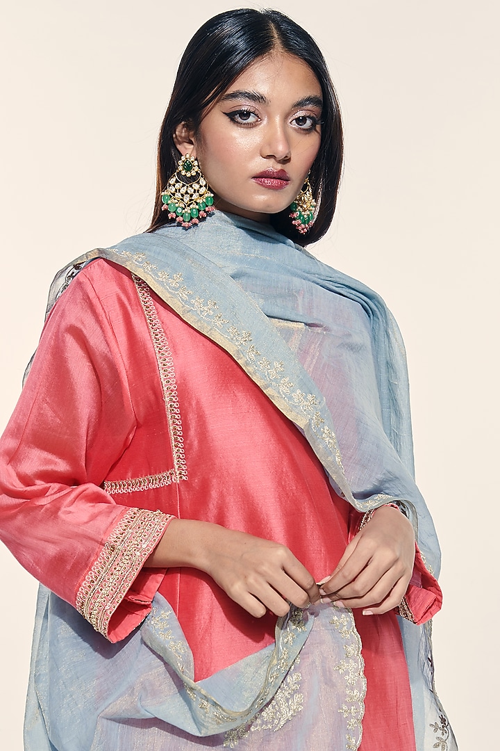 Coral Pink Hand Embroidered Choga Kurta Set by Kushni at Pernia's Pop Up Shop