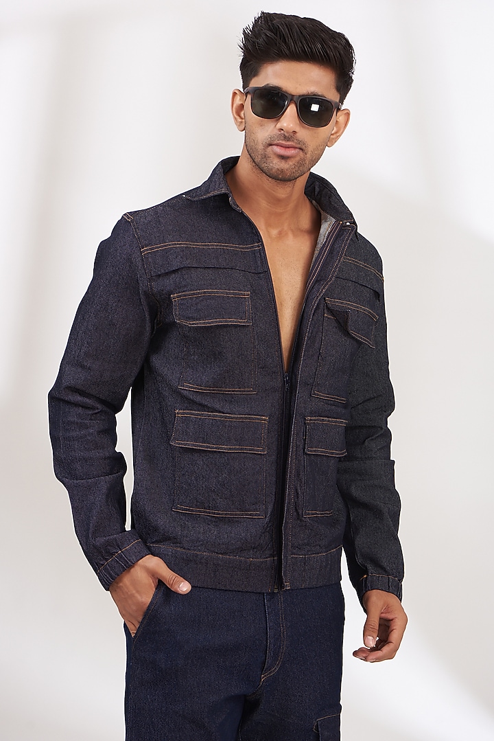 Midnight Blue Denim Utility Jacket by The Khwaab at Pernia's Pop Up Shop