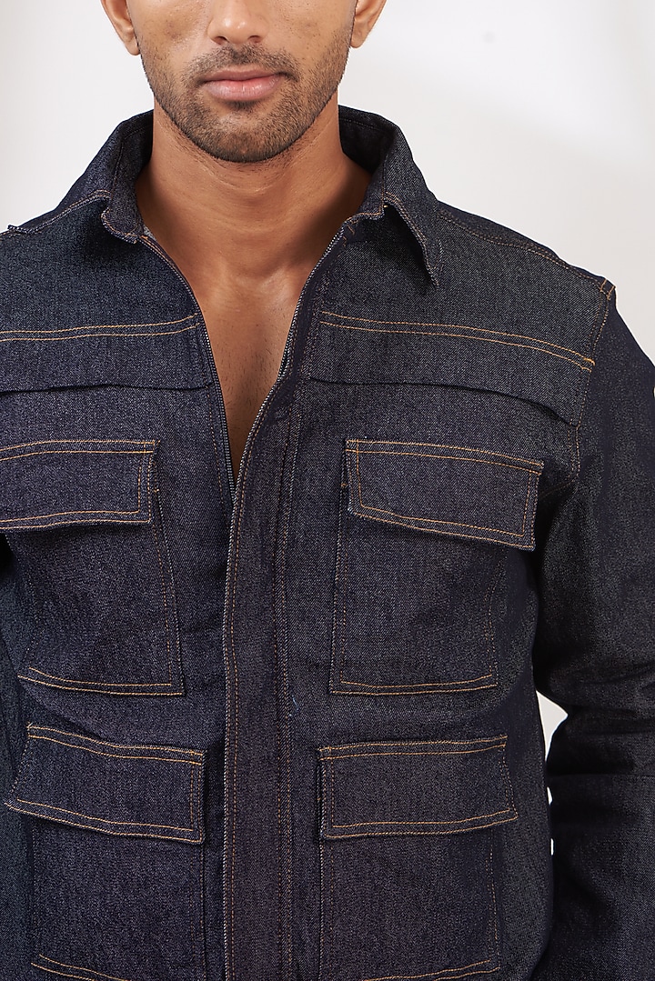 Midnight Blue Denim Utility Jacket by The Khwaab at Pernia's Pop Up Shop