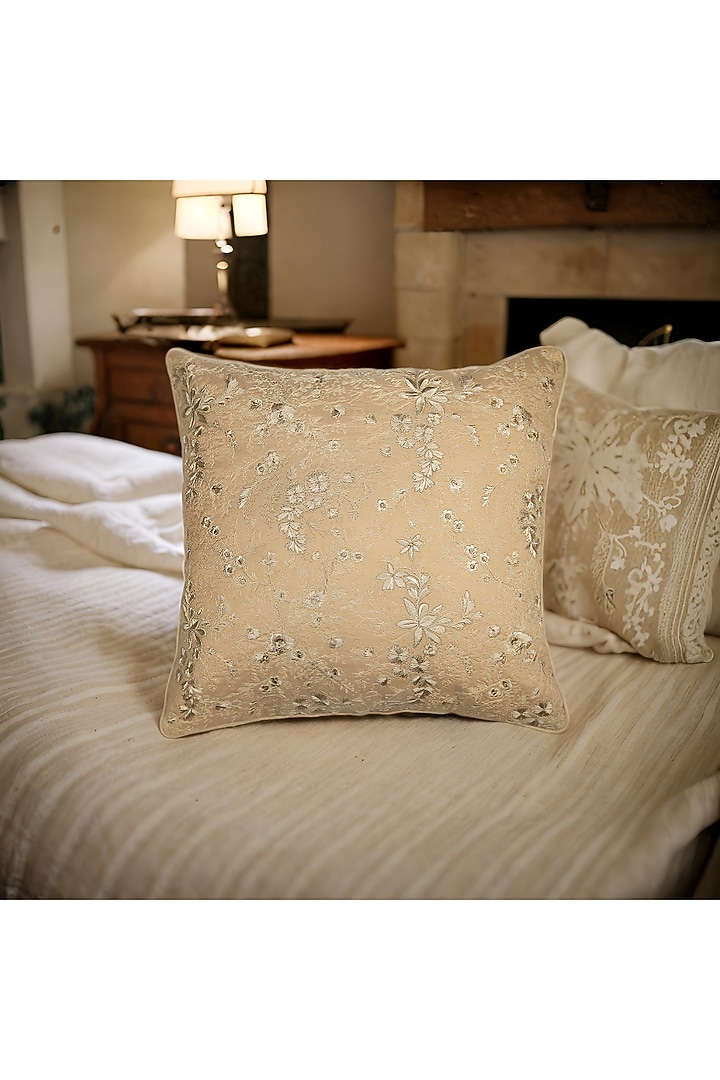 Khaki Gold Embroidered Cushion Cover (Set of 2) by Khaabka at Pernia's Pop Up Shop