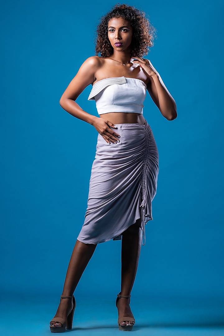 Sepia Grey Georgette Ruched Skirt Set by KHB- Khushboo Haran Borkar