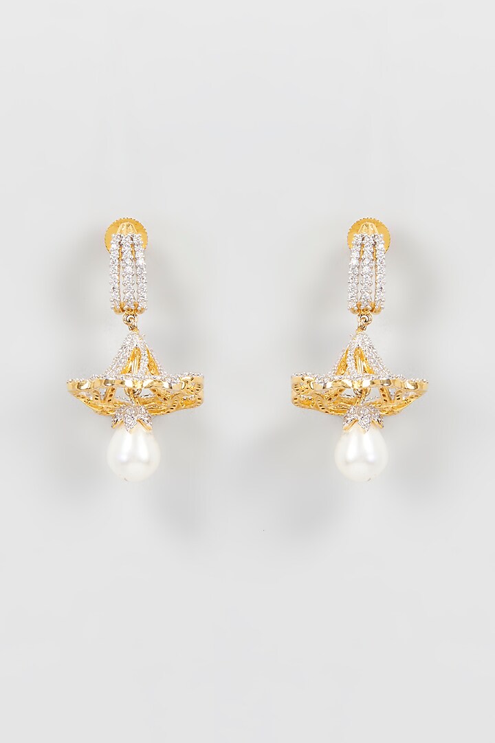 Gold Finish Zircon Diamond Jhumka Earrings by Khushi Jewels at Pernia's Pop Up Shop